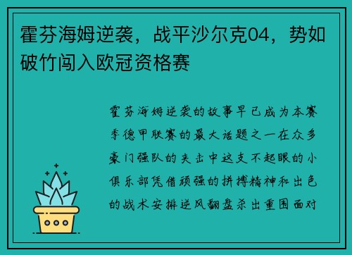 霍芬海姆逆袭，战平沙尔克04，势如破竹闯入欧冠资格赛